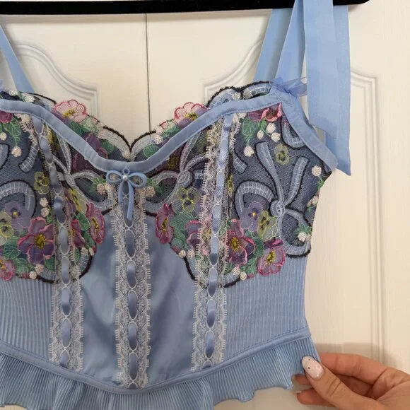 Blue Floral Embroidered Corset Top – Lace Trim Ribbon Tie Cami - Picture 3 of 9